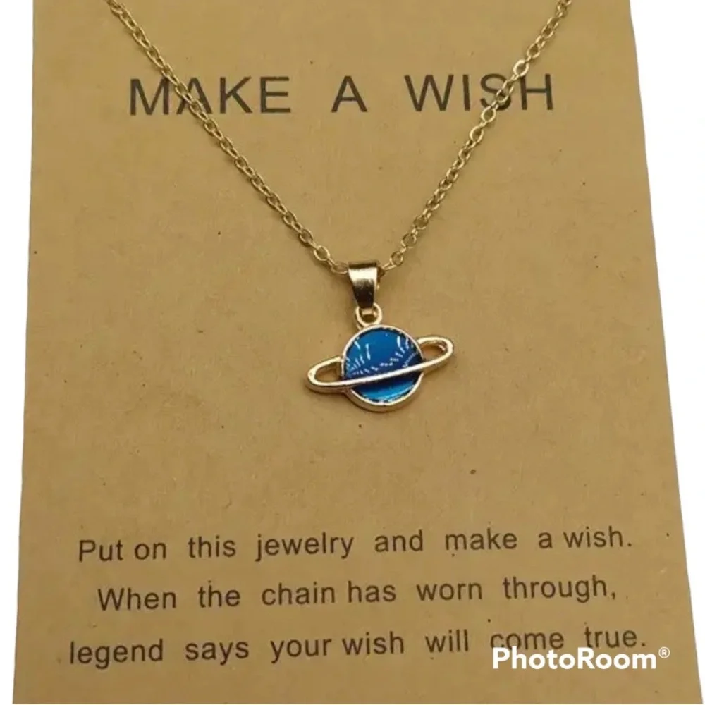 Planet Saturn Necklace ~ outer space w Make a Wish card zodiac constellation